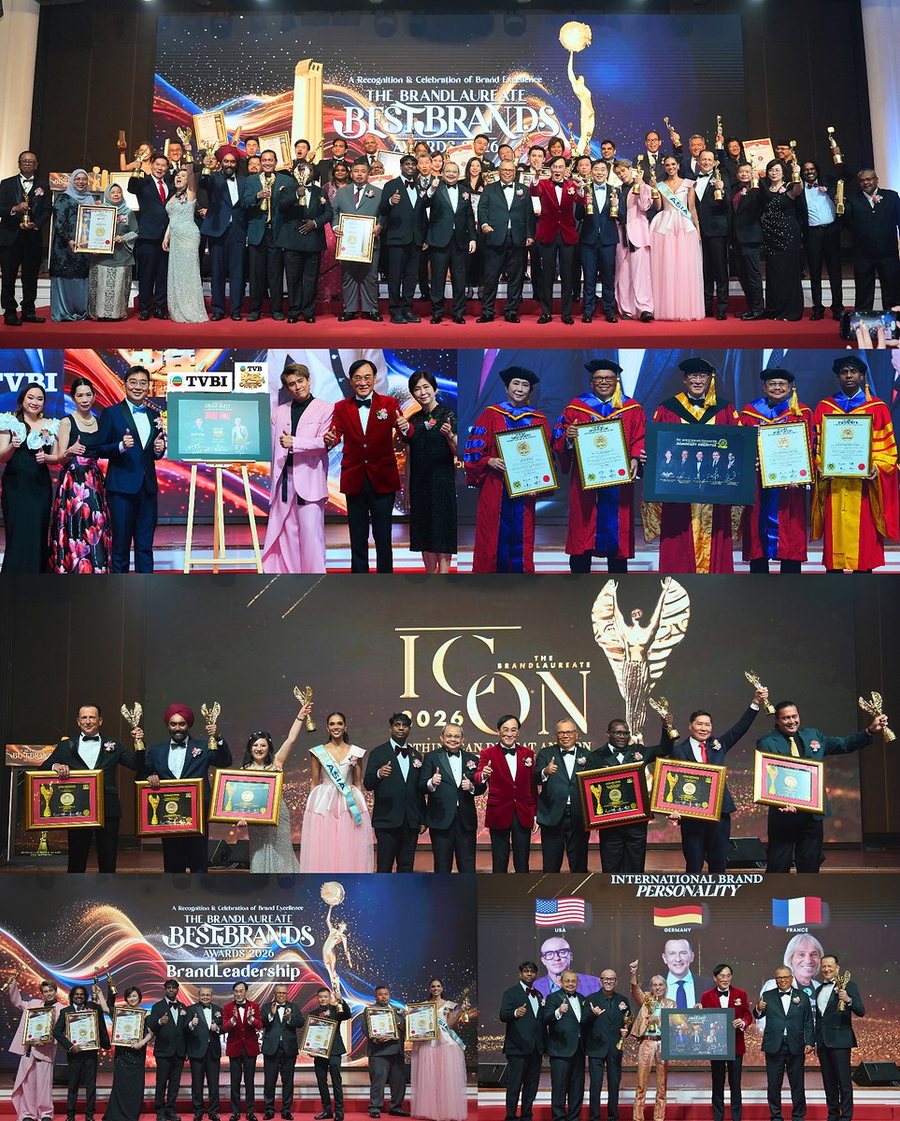 A six-panel collage of the award recipients on stage: the full group before The BrandLaureate BestBrands Awards 2026 screen with DR. SHEKINAIH SIEW SIN YAP in her silver gown and DR. J AARON K DAVID in his red tie raising their trophies; recipients with Prof. Dr. KKJohan in his red velvet jacket; recipients in academic robes holding framed certificates; recipients raising trophies and framed certificates beneath the ICON 2026 screen, with DR. SHEKINAIH SIEW SIN YAP beside Miss Universe Malaysia in a pink gown and sash, Prof. Dr. Edward Roy Krishnan giving a thumbs-up beside her and DR. J AARON K DAVID further along the row; the BrandLeadership recipients; and the International Brand Personality recipients, including Alain Robert in a gold jacket, with Prof. Dr. Edward Roy Krishnan giving a thumbs-up at far left.