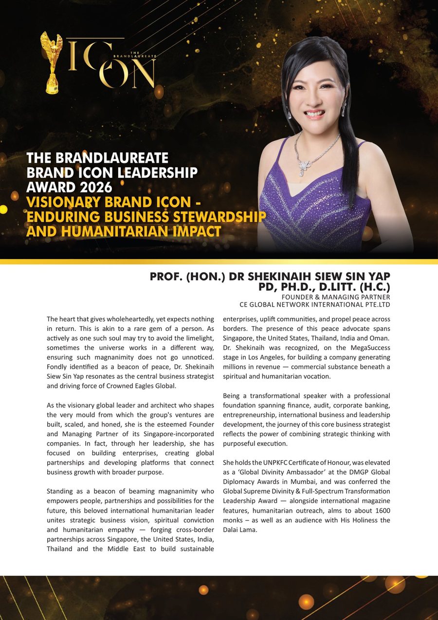 The souvenir programme page headed The BrandLaureate Brand ICON Leadership Award 2026, Visionary Brand ICON, Enduring Business Stewardship and Humanitarian Impact, with a portrait of DR. SHEKINAIH SIEW SIN YAP and two columns of text