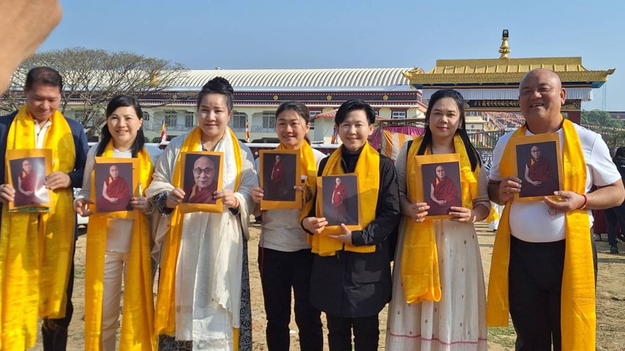 SHEKINAIH SIEW SIN YAP and J AARON K DAVID with the delegation outside Ganden Monastery, Mundgod, 21 January 2026