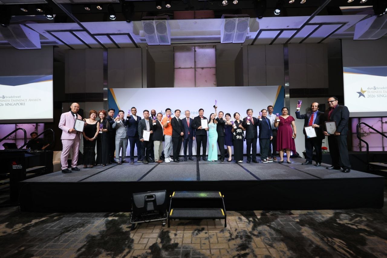 The Business Eminence Awards 2026 stage and podium at Marriott Singapore Tang Plaza