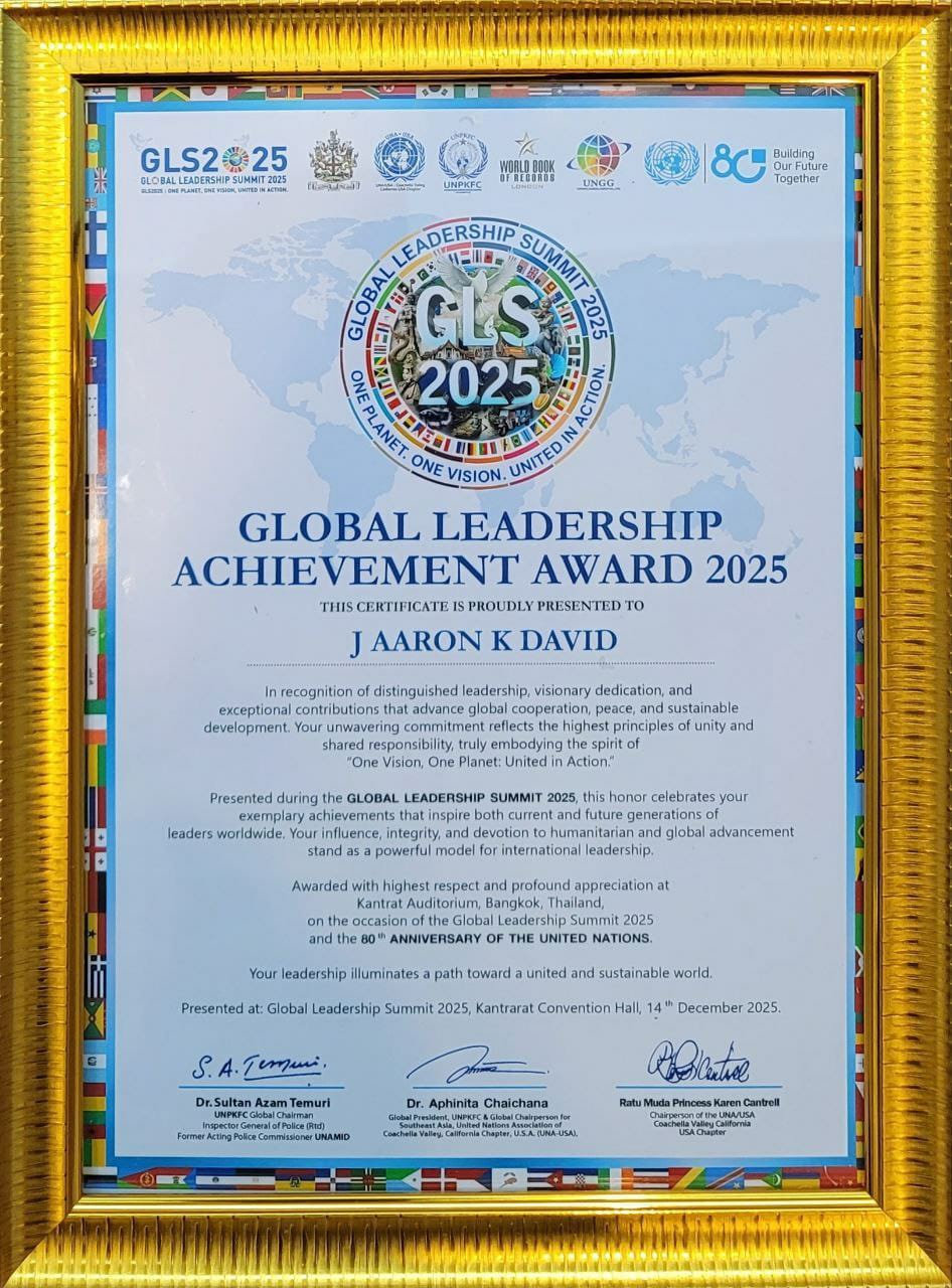 J AARON K DAVID — Global Leadership Achievement Award Certificate, GLS 2025