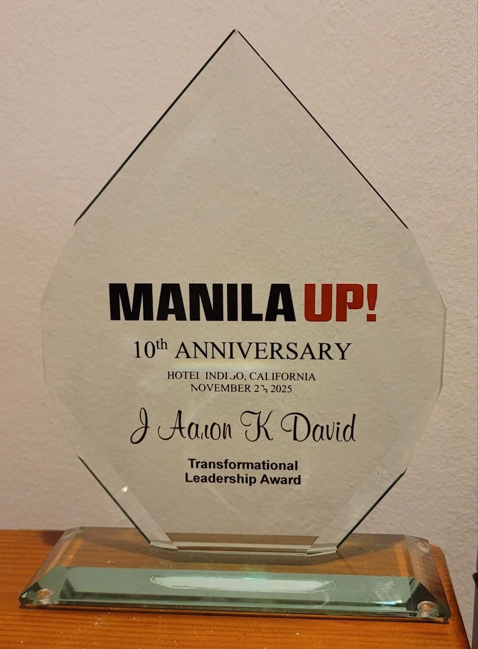 J AARON K DAVID — Transformational Leadership Award trophy, Manila Up 10th Anniversary