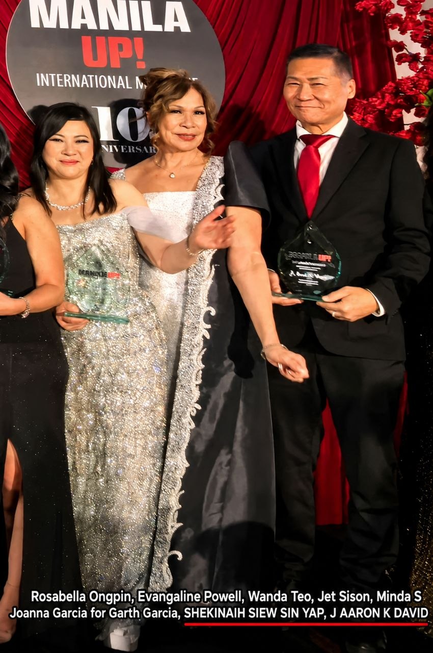 SHEKINAIH SIEW SIN YAP and J AARON K DAVID on the Grand Awards stage with fellow honourees at the Manila Up International Magazine 10th Anniversary Gala, Hotel Indigo Los Angeles 2025