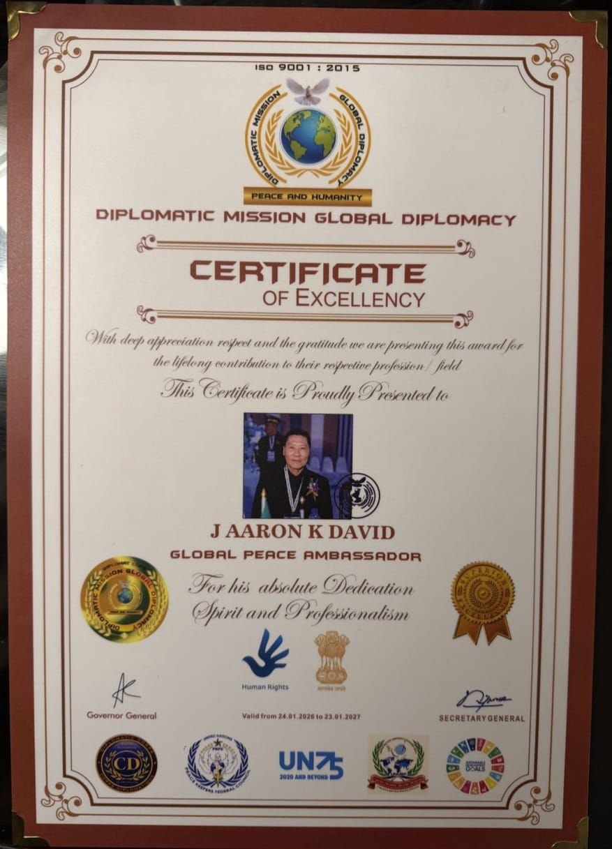 J AARON K DAVID — DMGP Global Peace Ambassador certificate