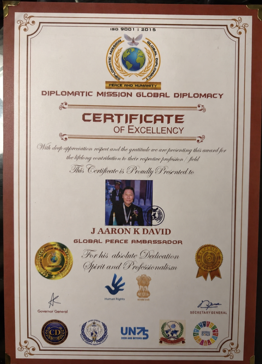 J AARON K DAVID — DMGP Certificate of Excellency, Global Peace Ambassador