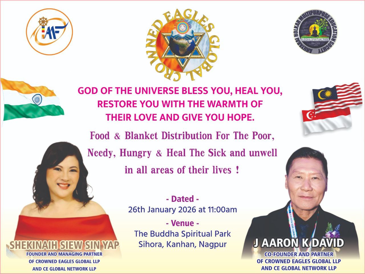 Crowned Eagles Global Republic Day humanitarian mission poster — SHEKINAIH SIEW SIN YAP and J AARON K DAVID, Buddha Spiritual Park, Nagpur, 26 January 2026