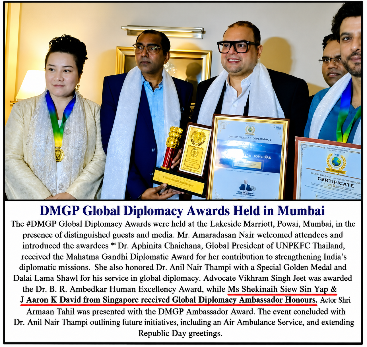 Newspaper coverage — DMGP Global Diplomacy Awards held in Mumbai, with SHEKINAIH SIEW SIN YAP and J AARON K DAVID from Singapore receiving Global Diplomacy Ambassador Honours