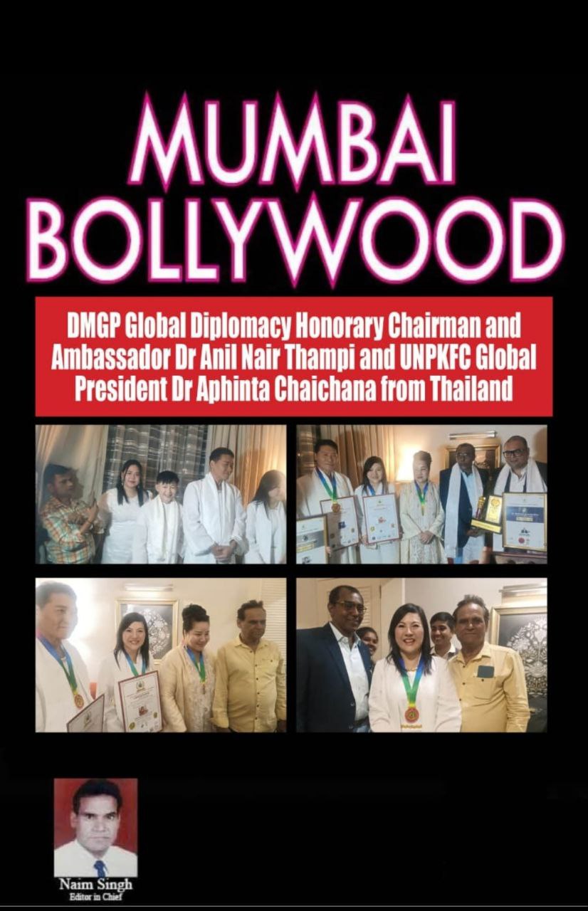 Mumbai Bollywood event poster — SHEKINAIH SIEW SIN YAP and J AARON K DAVID at DMGP Global Diplomacy Awards alongside Dr. Anil Nair Thampi and Dr. Aphinita Chaichana, January 2026
