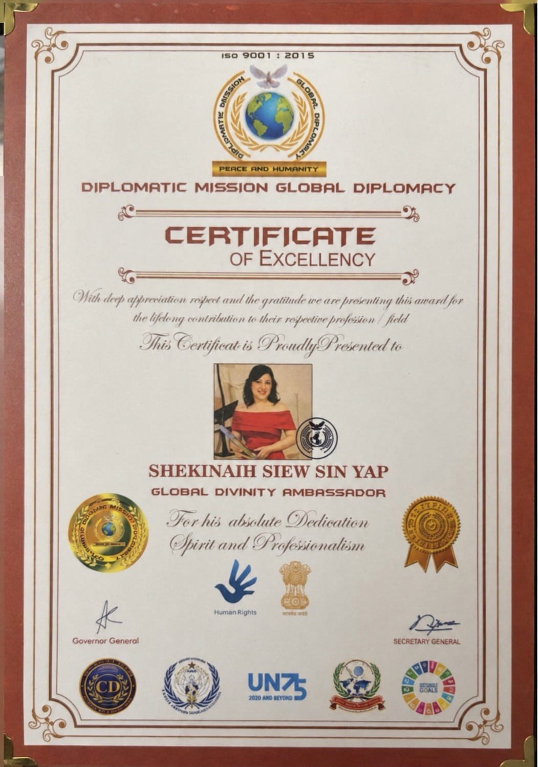SHEKINAIH SIEW SIN YAP — DMGP Certificate of Excellency, Global Divinity Ambassador