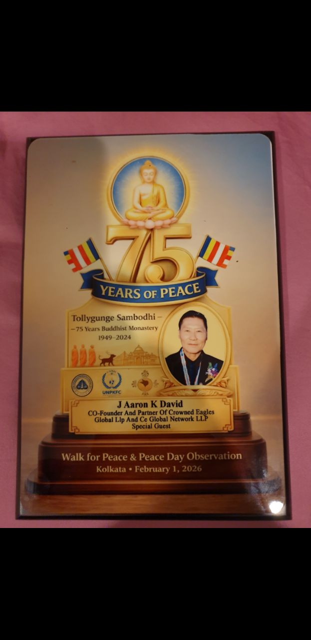 J AARON K DAVID — 75 Years of Peace Special Guest plaque, Kolkata