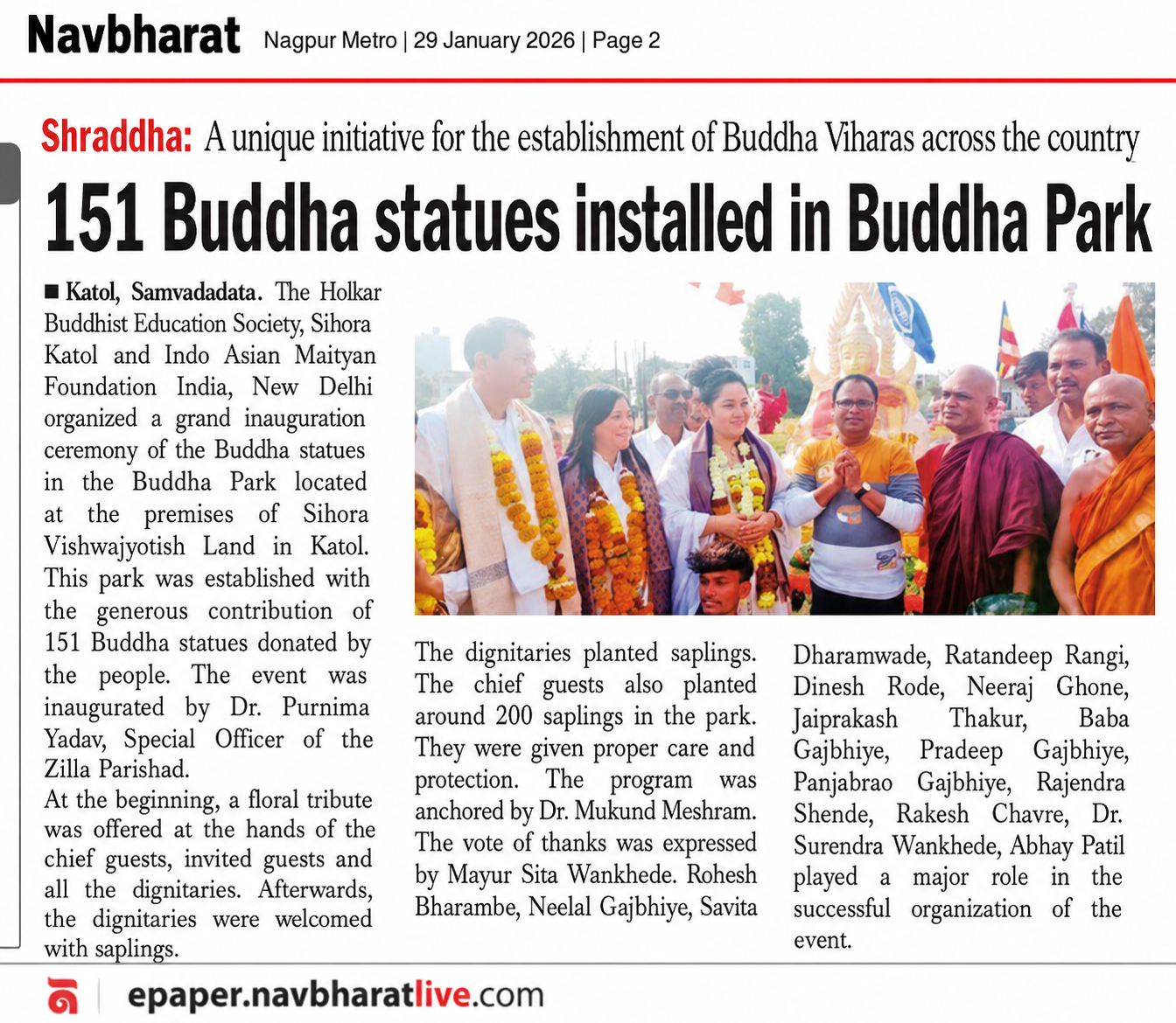 English translation of the Navbharat Nagpur Metro coverage (29 January 2026) &mdash; &lsquo;151 Buddha Statues Installed in Buddha Park&rsquo; &mdash; featuring SHEKINAIH SIEW SIN YAP and J AARON K DAVID as Chief Guests
