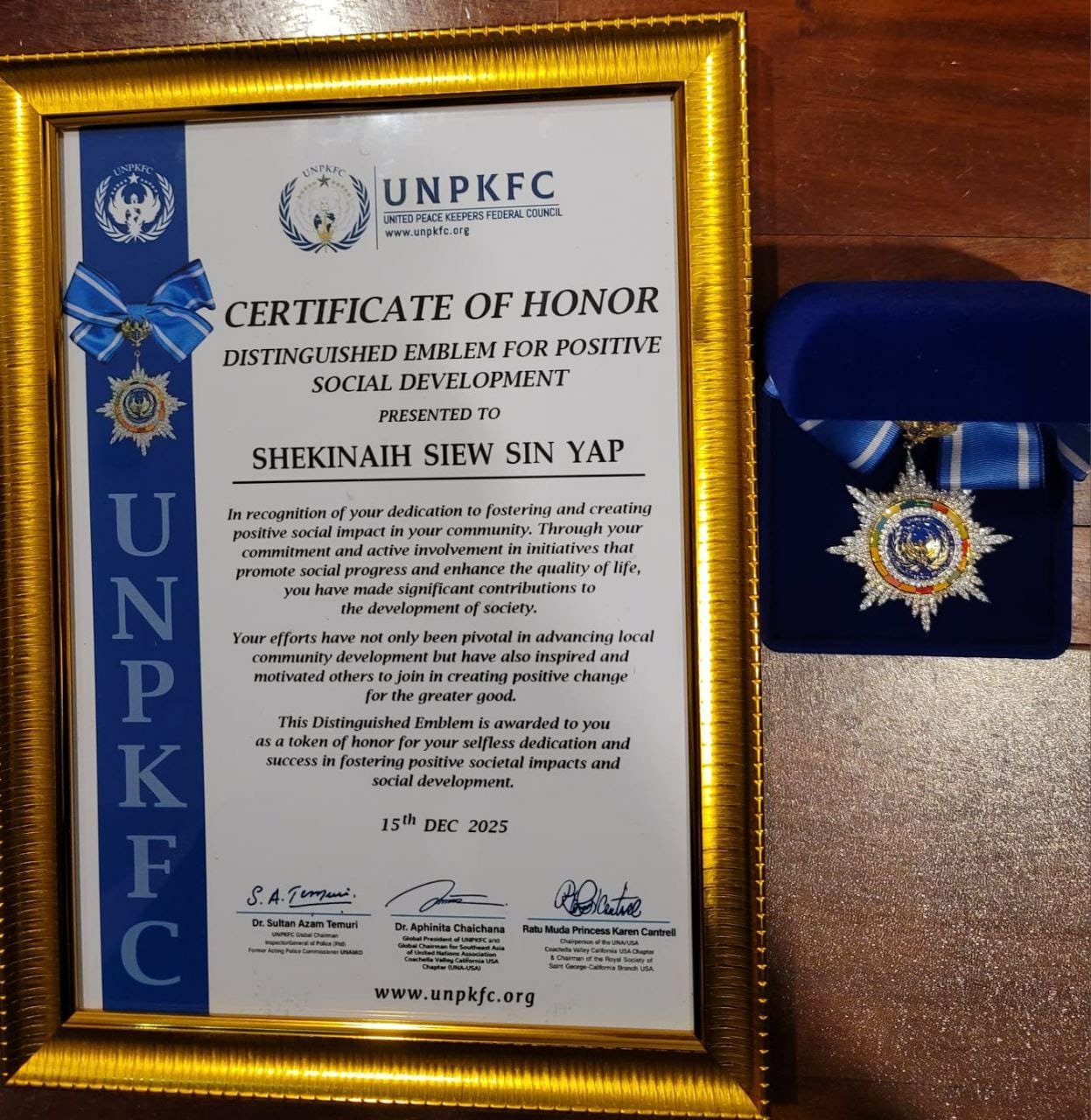 SHEKINAIH SIEW SIN YAP — UNPKFC Certificate of Honor and Distinguished Emblem medal