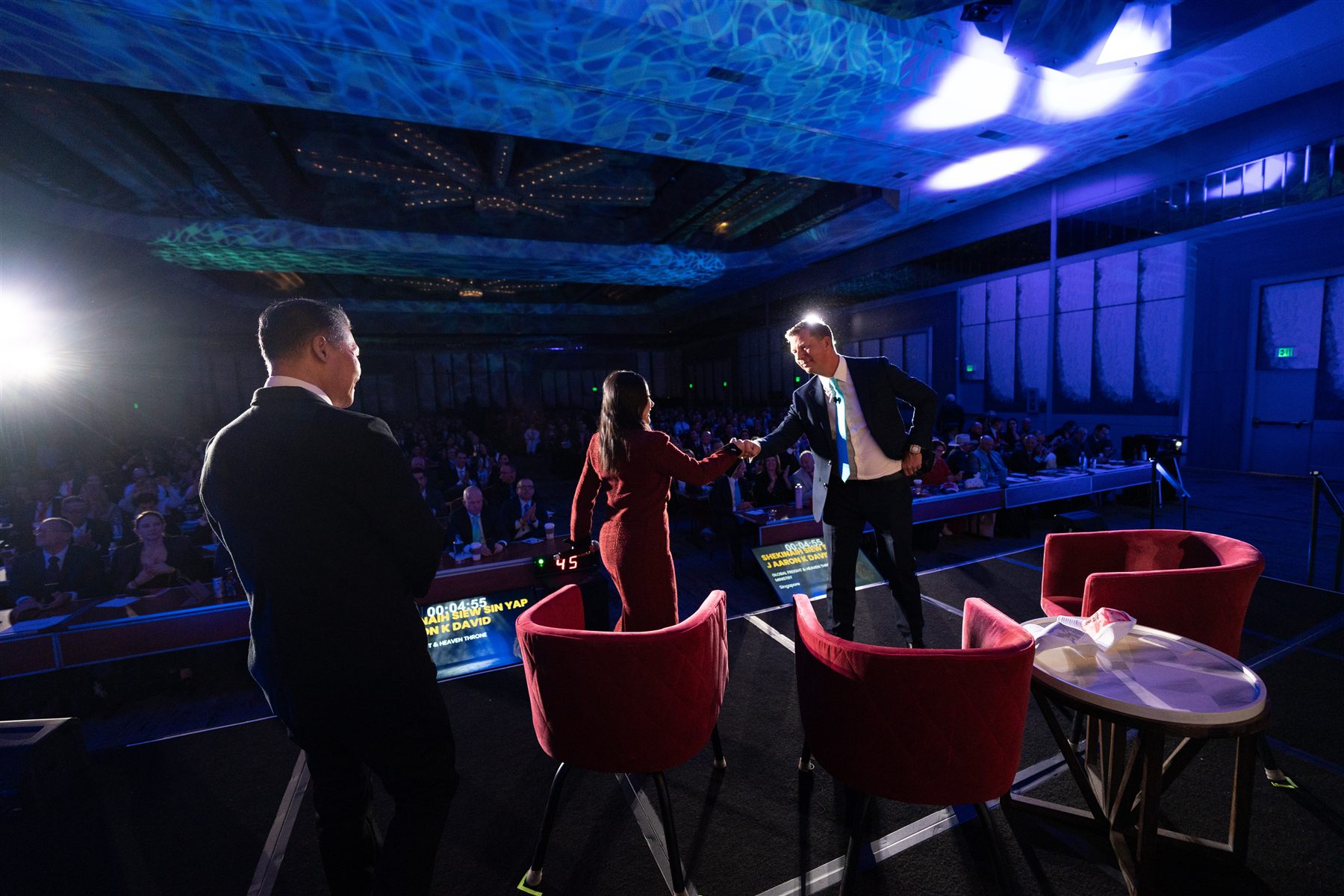 SHEKINAIH SIEW SIN YAP and J AARON K DAVID greeted on stage by the host · Mega Success 2025 · Los Angeles